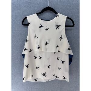 Tibi women’s sz 2 Bird Print Blue & White Flowy Sleeveless Top Blouse Classic